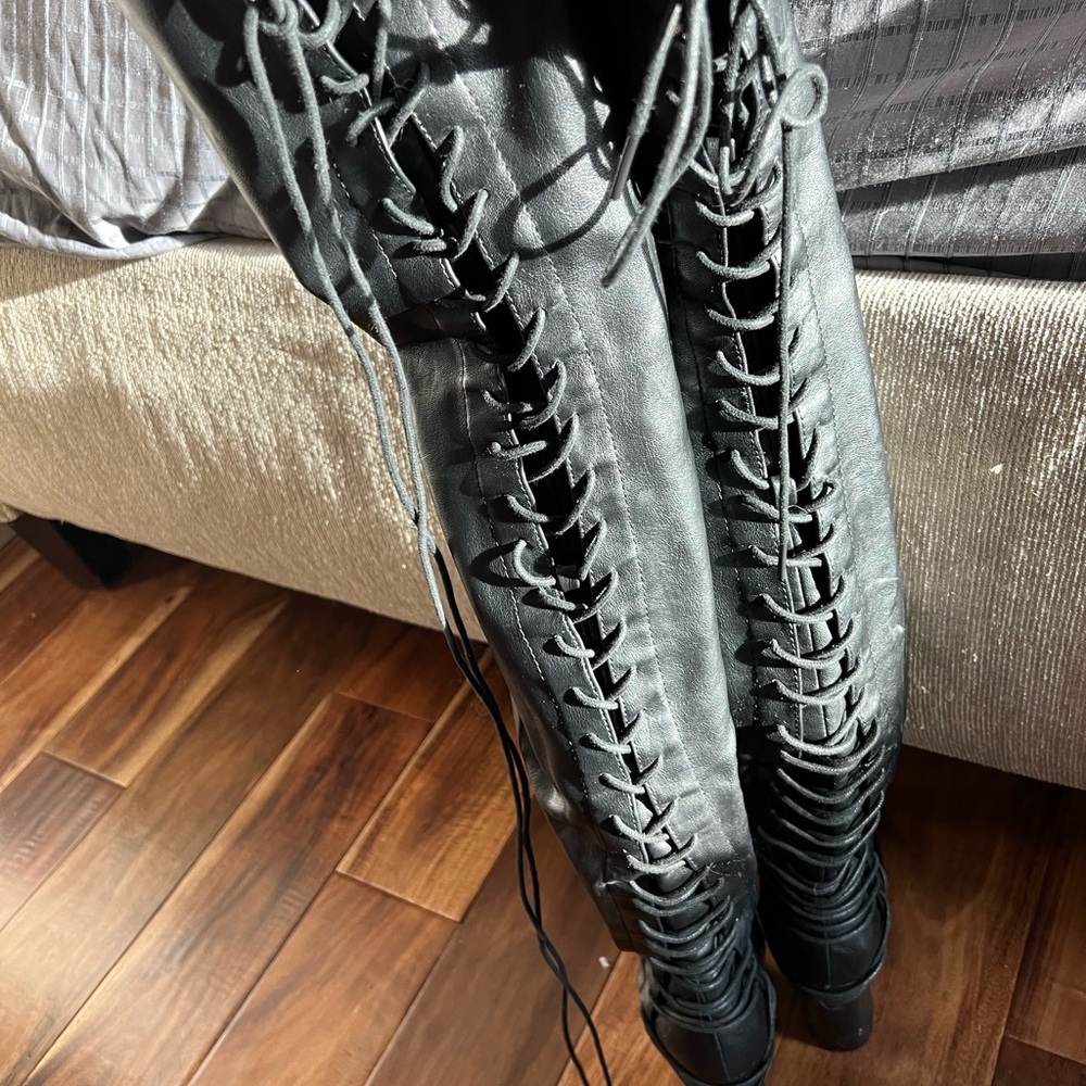 Long thigh high black block heel boots